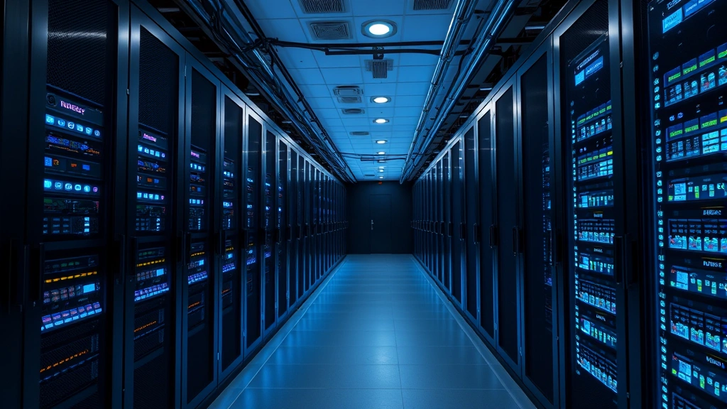 Modern data center with rows of secure servers, network equipment, and blue LED indicators representing cloud infrastructure and encrypted data protection systems