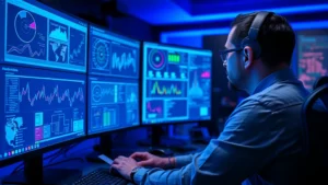 Cybersecurity analyst monitoring multiple screens displaying real-time threat dashboards and network activity visualizations in a professional security operations center with blue ambient lighting