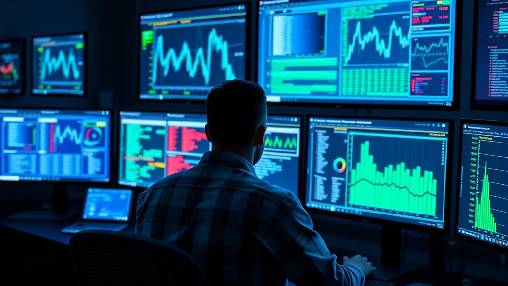Cybersecurity professional monitoring multiple screens displaying network traffic analysis and threat detection dashboards in a modern security operations center with blue and green data visualizations