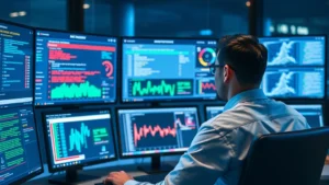 A professional cybersecurity analyst monitoring multiple dashboard screens displaying real-time threat detection alerts and network traffic analysis in a modern security operations center with blue and green data visualizations
