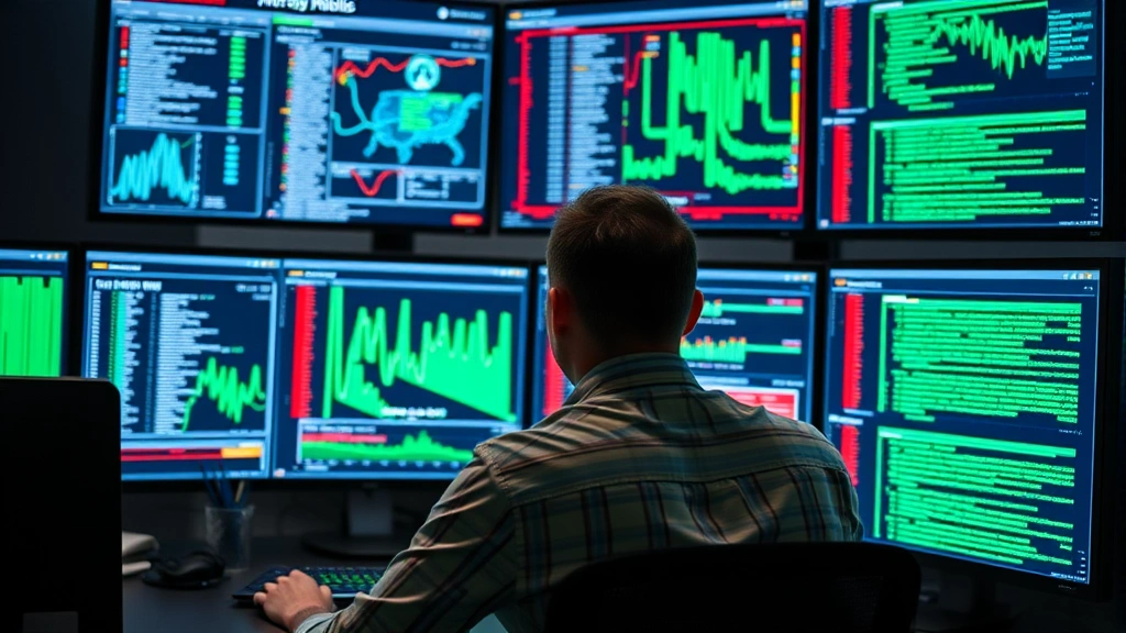 Cybersecurity analyst monitoring multiple screens displaying network traffic visualization and threat alerts in a modern security operations center with blue and green data streams