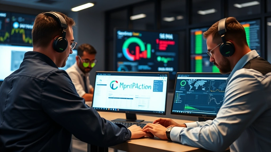 Professional security team reviewing incident response procedures with laptops and digital dashboards, representing collaborative threat investigation and remediation efforts