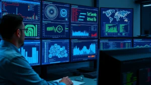 Professional cybersecurity analyst monitoring multiple digital security dashboards with network activity visualizations, blue and green data streams flowing across screens in a modern SOC environment