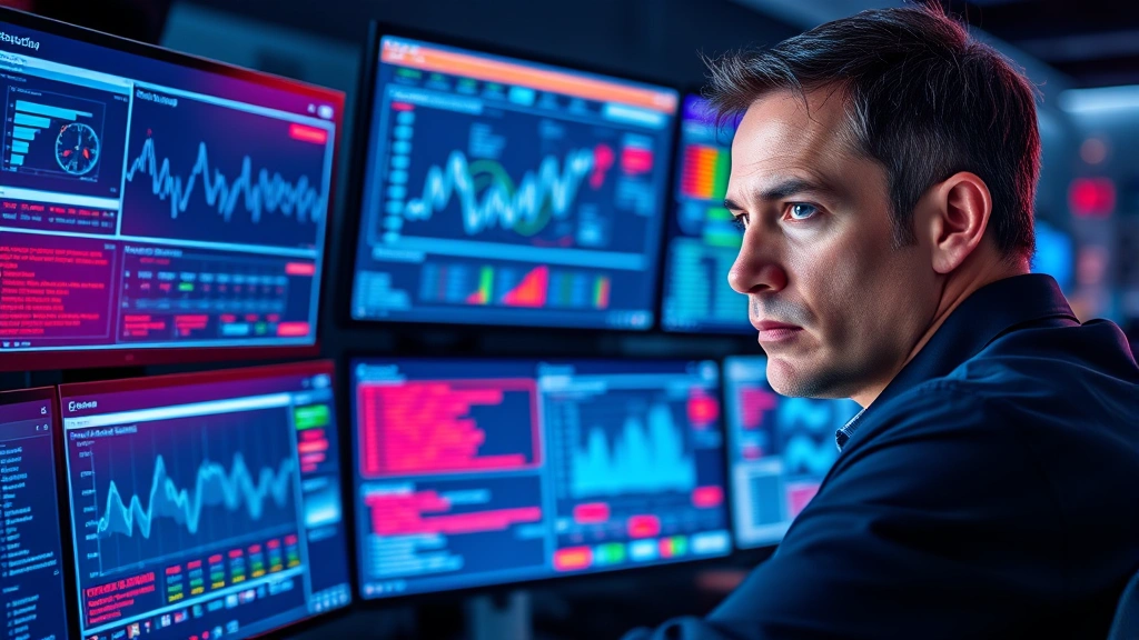 Cybersecurity analyst monitoring multiple screens displaying threat detection dashboards with network graphs and security alerts in a professional SOC environment, intense focused expression, blue and red color scheme emphasizing threats and protection