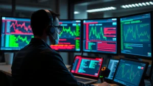 Professional cybersecurity analyst monitoring multiple screens displaying network traffic patterns and threat alerts in a modern SOC environment, photorealistic, no code visible