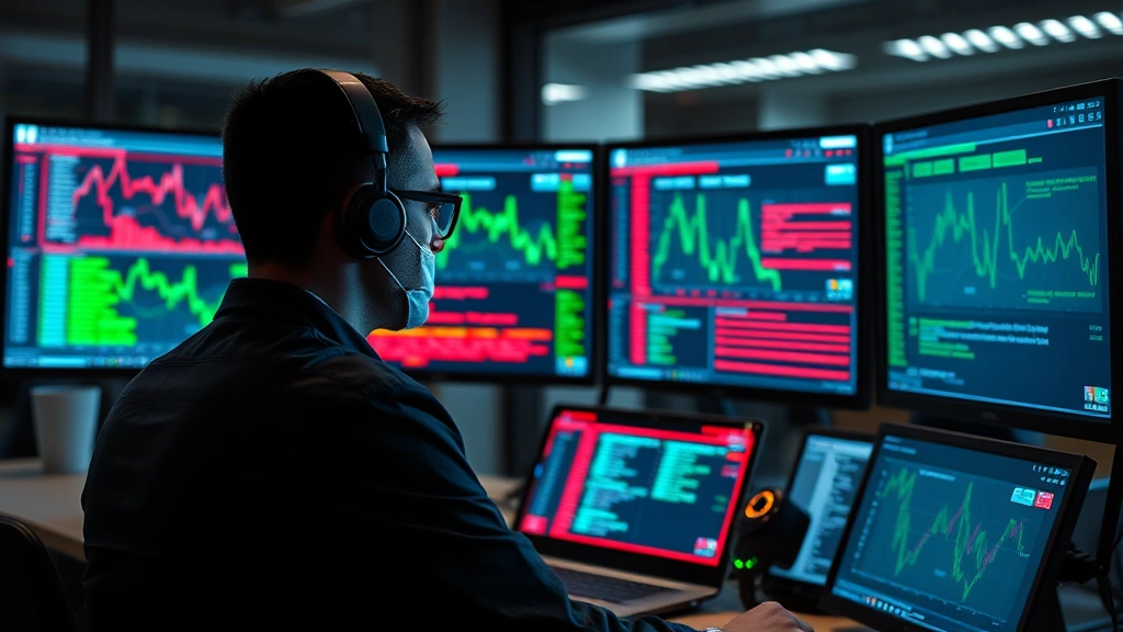 Professional cybersecurity analyst monitoring multiple screens displaying network traffic patterns and threat alerts in a modern SOC environment, photorealistic, no code visible