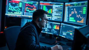 Professional cybersecurity analyst monitoring multiple security dashboards in a modern SOC environment, displaying network traffic visualizations and threat alerts on large screens, photorealistic lighting, focused concentration