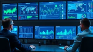 Professional security operations center with multiple monitors displaying real-time threat data, network graphs, and security dashboards. Analysts in business attire monitoring systems. Blue and green data visualizations. No text or code visible.