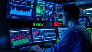 Professional cybersecurity analyst monitoring security dashboard with multiple screens displaying network traffic, threat alerts, and real-time data streams in a modern SOC environment with blue and green lighting