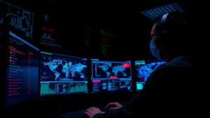 Professional cybersecurity analyst monitoring multiple security dashboards with real-time threat alerts, dark control room environment, blue and red network visualization on large screens, focused concentration on detecting threats