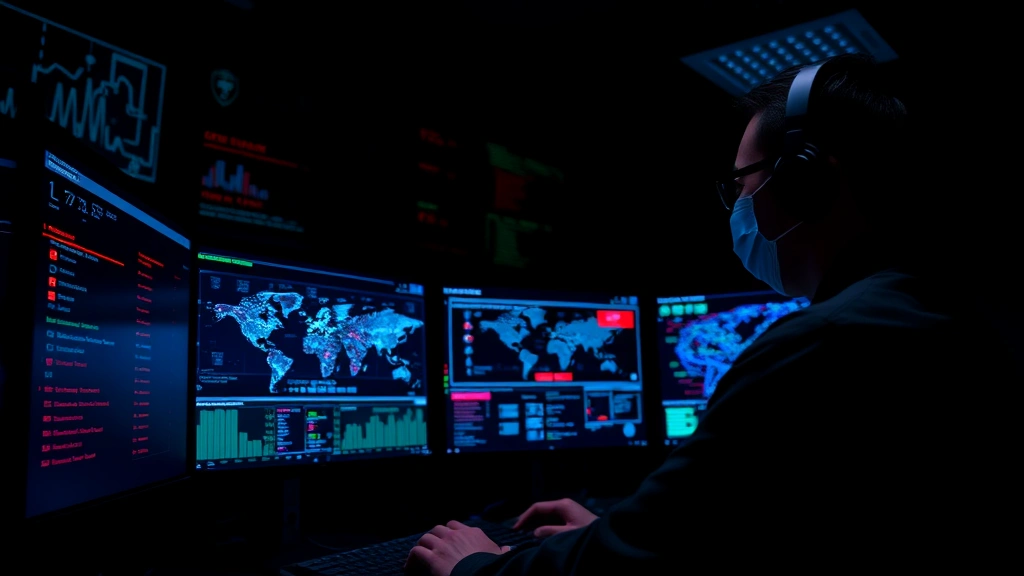 Professional cybersecurity analyst monitoring multiple security dashboards with real-time threat alerts, dark control room environment, blue and red network visualization on large screens, focused concentration on detecting threats