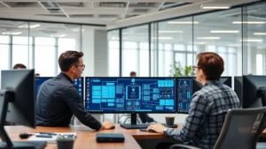 Professional cybersecurity team in modern office analyzing authentication system architecture on multiple displays, focused expressions, collaborative environment, professional atmosphere