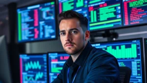 Professional cybersecurity analyst monitoring multiple screens displaying network traffic and threat alerts in a modern security operations center, blue and green data visualizations, serious focused expression, high-tech environment