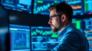 Professional cybersecurity analyst reviewing data protection metrics on multiple monitors in a modern security operations center, blue and green indicator lights visible, focused expression showing concentration on threat detection work