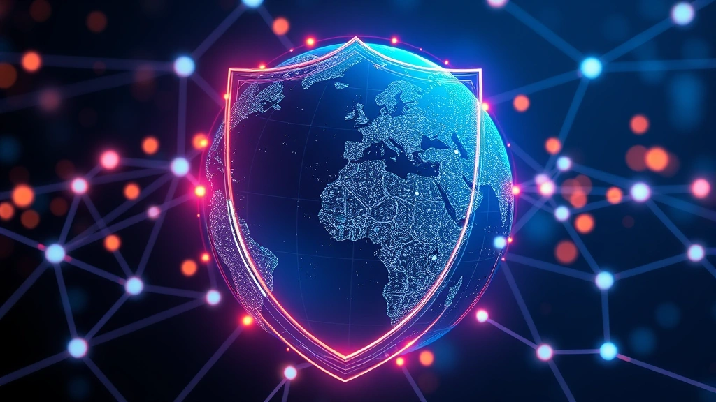 Digital security shield protecting interconnected globe with glowing network nodes, representing global cyber defense infrastructure and data protection technology
