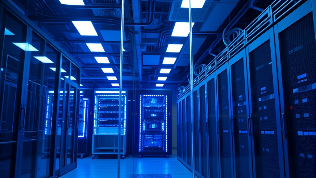 Enterprise data center with secure servers and networking equipment behind glass, blue ambient lighting, professional infrastructure showing multiple layers of physical security and redundancy for critical systems protection