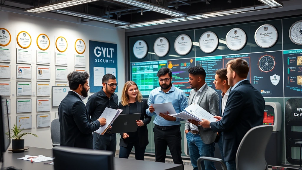 Diverse security team collaborating in a high-tech office space with security certifications on walls, reviewing threat intelligence reports and defensive strategies together