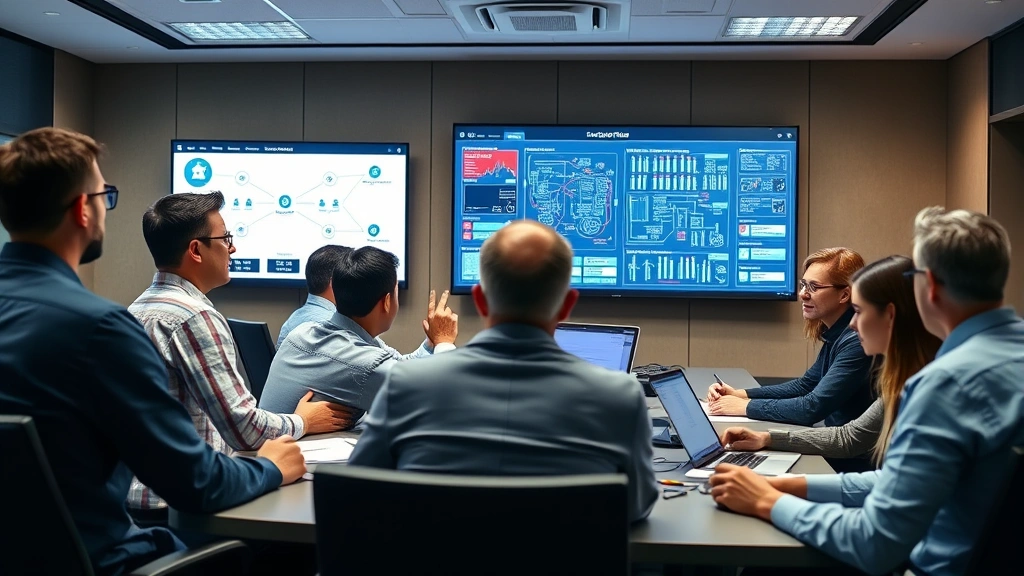 Diverse security team in conference room discussing incident response strategy with network diagrams and security architecture models displayed on large screens