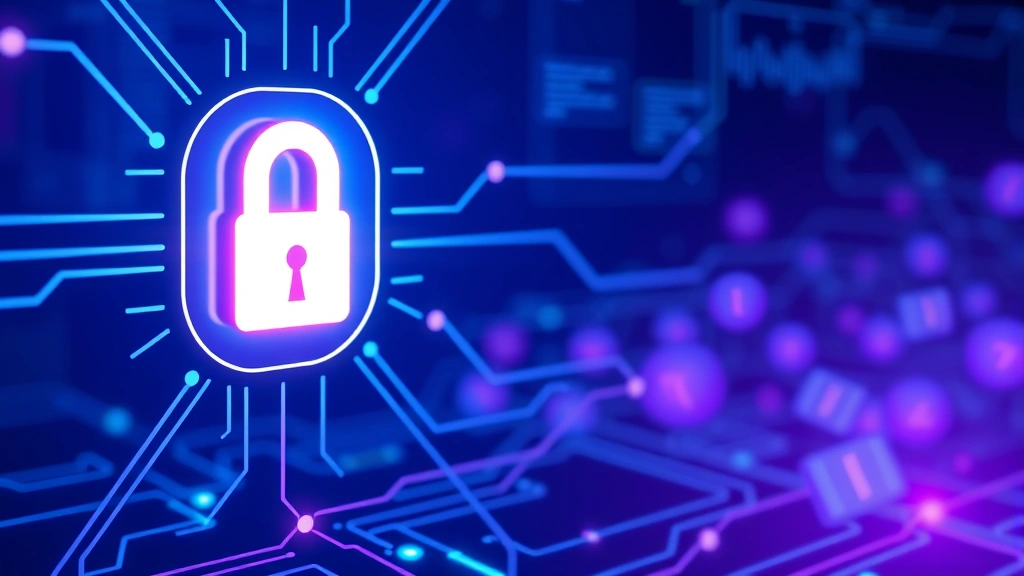 Data protection concept: digital lock icon with glowing security symbols, encrypted data streams, and network nodes. Photorealistic 3D rendering with blue and purple color scheme. No readable text or terminal windows.
