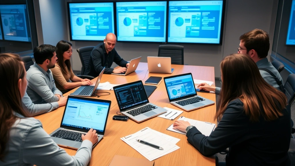 Security team in conference room reviewing incident response procedures and threat analysis reports with laptops, notepads, and security documentation visible on table