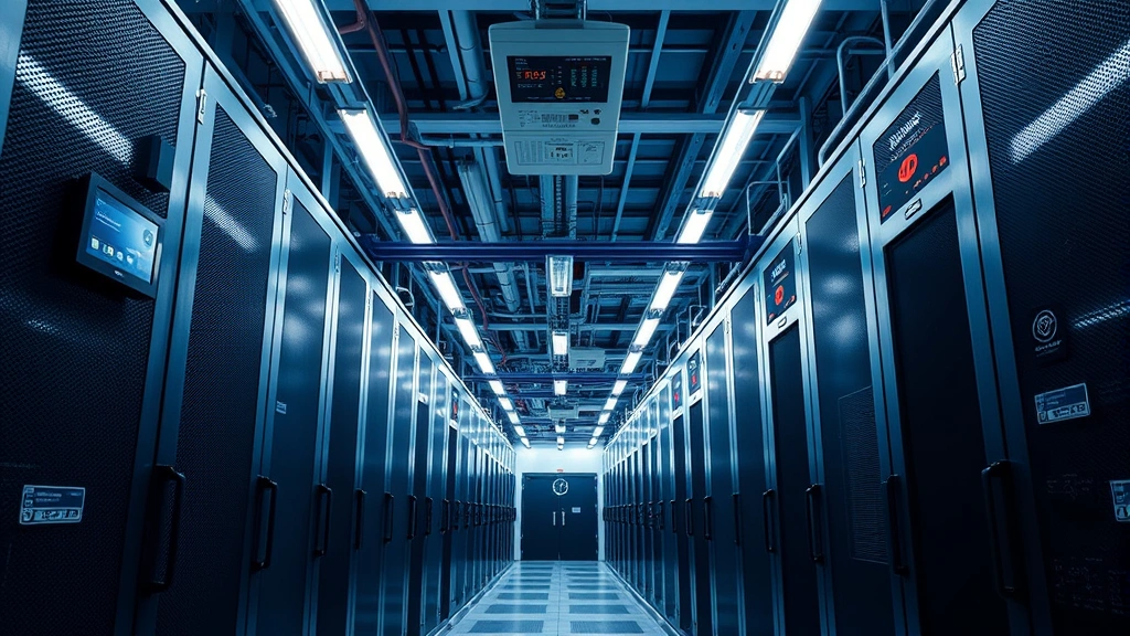 Data center security infrastructure with access control systems, biometric scanners, and monitoring equipment, professional lighting, secure facility appearance