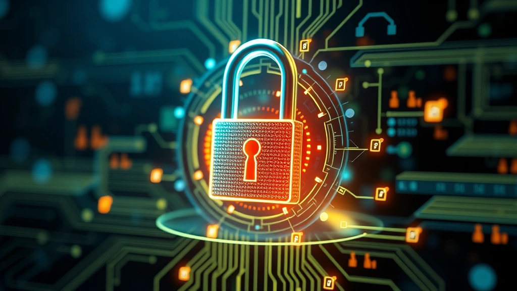 Digital lock mechanism with glowing encryption symbols surrounding it, representing data protection and secure authentication, abstract cyber defense concept, professional tech aesthetic