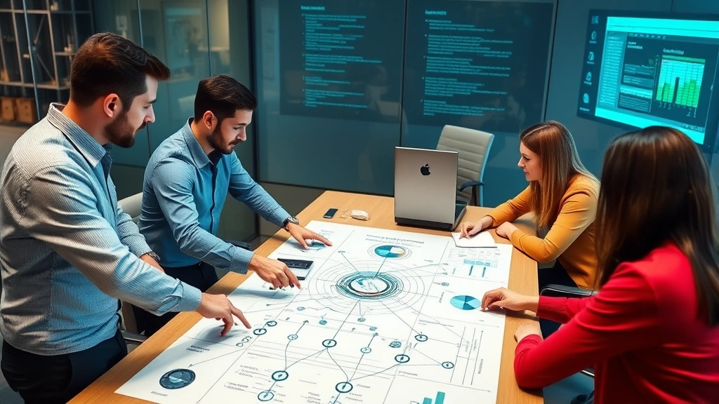 Team of security professionals collaborating around a conference table during an incident response meeting, pointing at network diagrams and charts, displaying teamwork and strategic security planning in a corporate environment