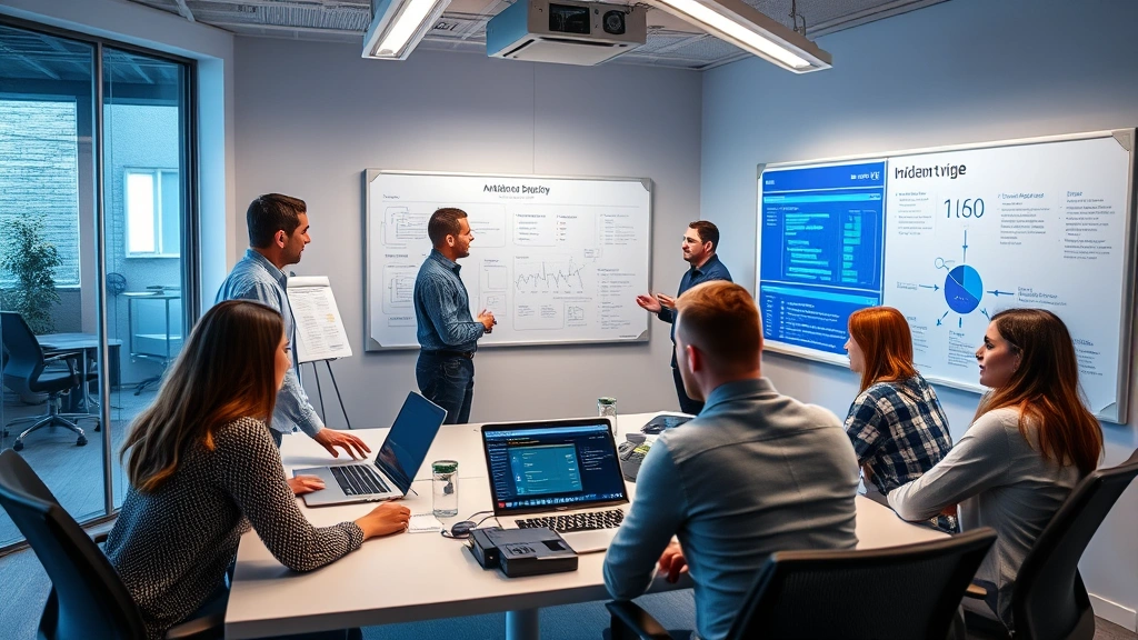 Diverse cybersecurity team in modern office conducting incident response meeting, reviewing security reports and threat intelligence on whiteboards, collaborative problem-solving atmosphere demonstrating real-time threat analysis and strategic defense planning