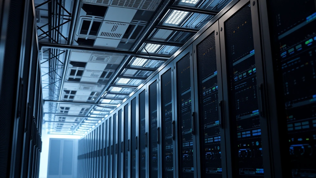 Enterprise data center with secure server racks, network infrastructure, and ambient lighting suggesting 24/7 monitoring operations, photorealistic professional environment
