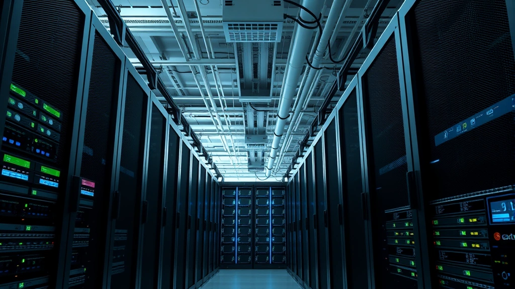 Enterprise data center with secure server racks, network equipment, and advanced monitoring systems representing robust security infrastructure and protection