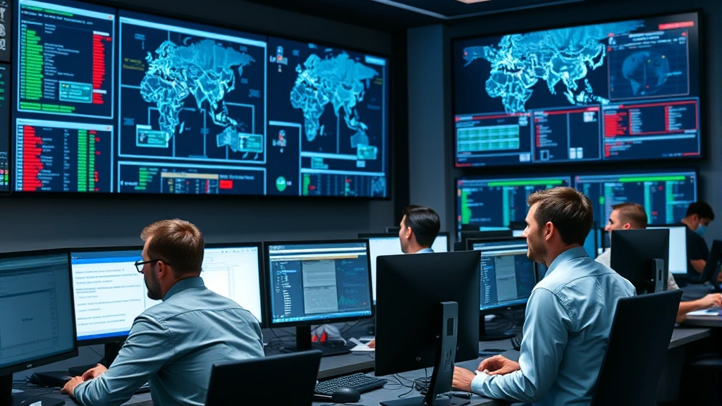 Incident response team in action: multiple professionals collaborating at workstations in a modern security command center. Large display screens showing network topology. Professional environment with technology focus. No visible text or alerts.