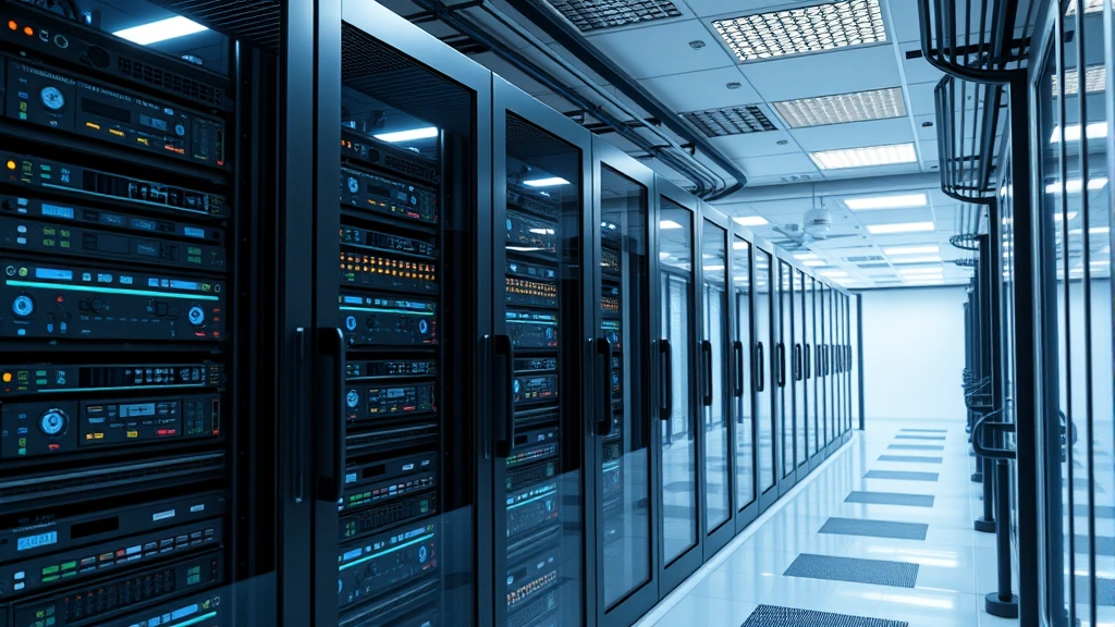 Data center with secure servers behind glass, proper physical security measures, controlled access points, and cable management systems representing enterprise security infrastructure