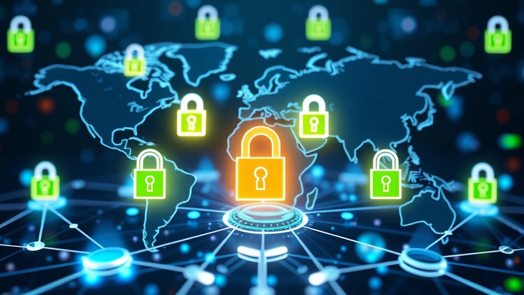 Digital representation of global network security infrastructure with interconnected nodes, glowing security locks protecting data centers, blue and green secure connections, abstract cyber threat indicators, futuristic technology visualization