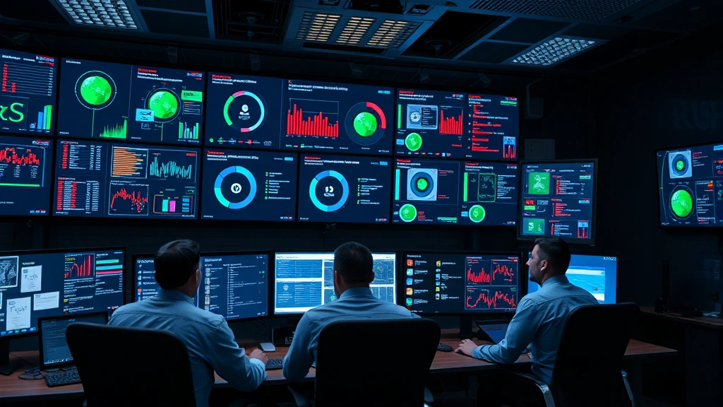 Enterprise IT security operations center with multiple analysts monitoring authentication dashboards and threat detection systems, real-time security monitoring environment