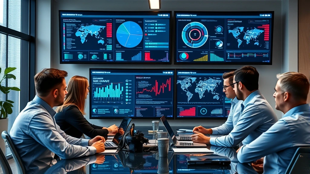 Team of security professionals in a conference room reviewing security reports and threat intelligence dashboards on large displays, collaborative cybersecurity environment, modern office setting