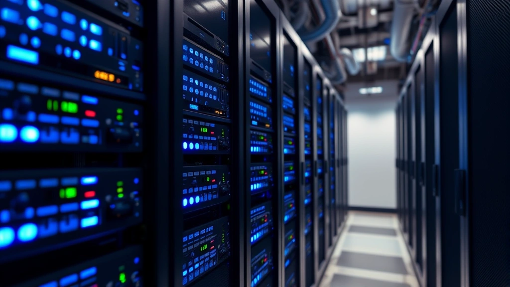 Close-up of a secure data center with server racks illuminated by blue LED lights, showing modern infrastructure with proper cooling systems and organized cable management, representing enterprise-grade security infrastructure