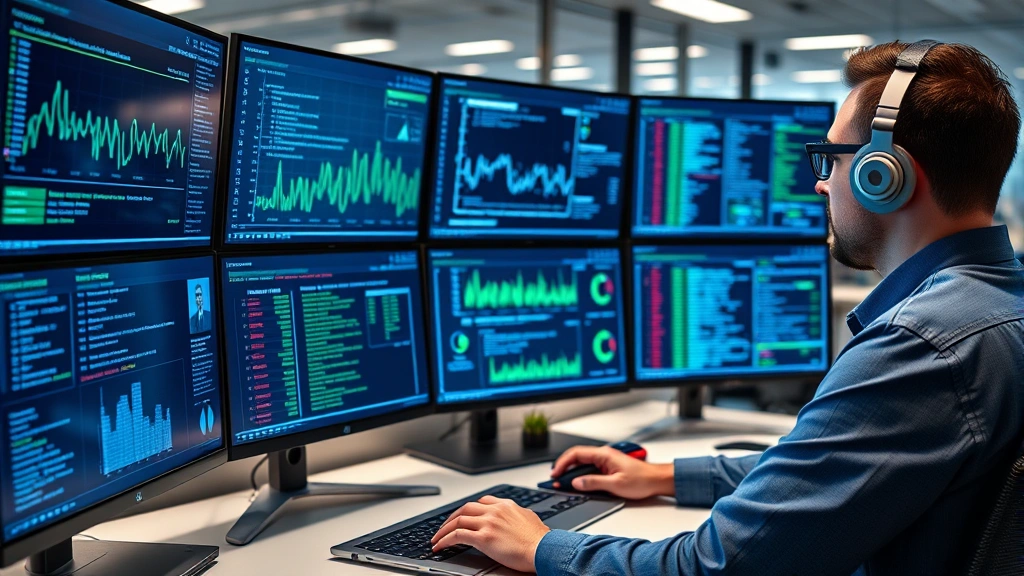 Professional cybersecurity analyst monitoring multiple digital screens displaying network traffic patterns and security alerts in a modern office environment with blue and green data visualizations