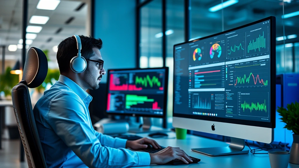 Professional cybersecurity analyst working at computer workstation with multiple monitors displaying security dashboards and threat analysis data in modern office environment