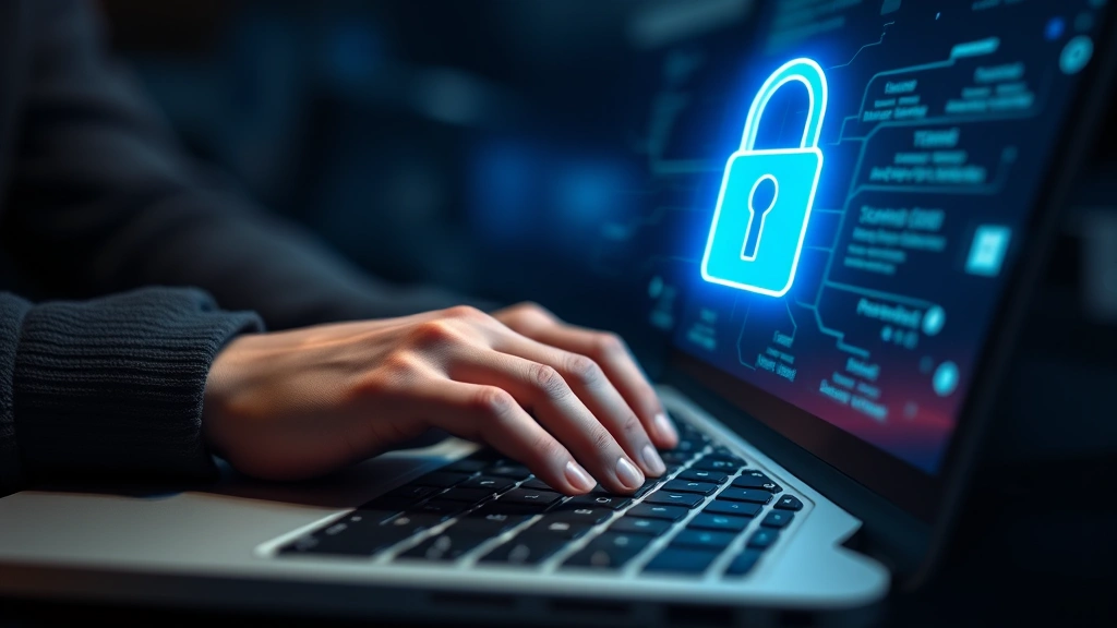 Close-up of person typing secure password on laptop keyboard with glowing blue digital security lock icon floating above keyboard in dark tech environment
