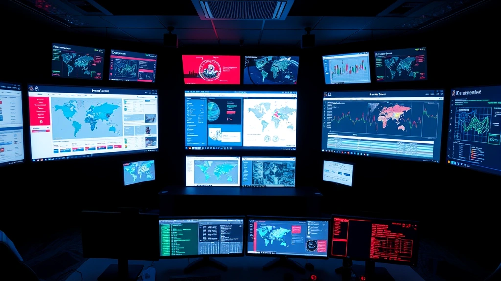 Corporate security operations center with multiple large displays showing real-time threat intelligence dashboards, network maps, and security metrics in a dark control room