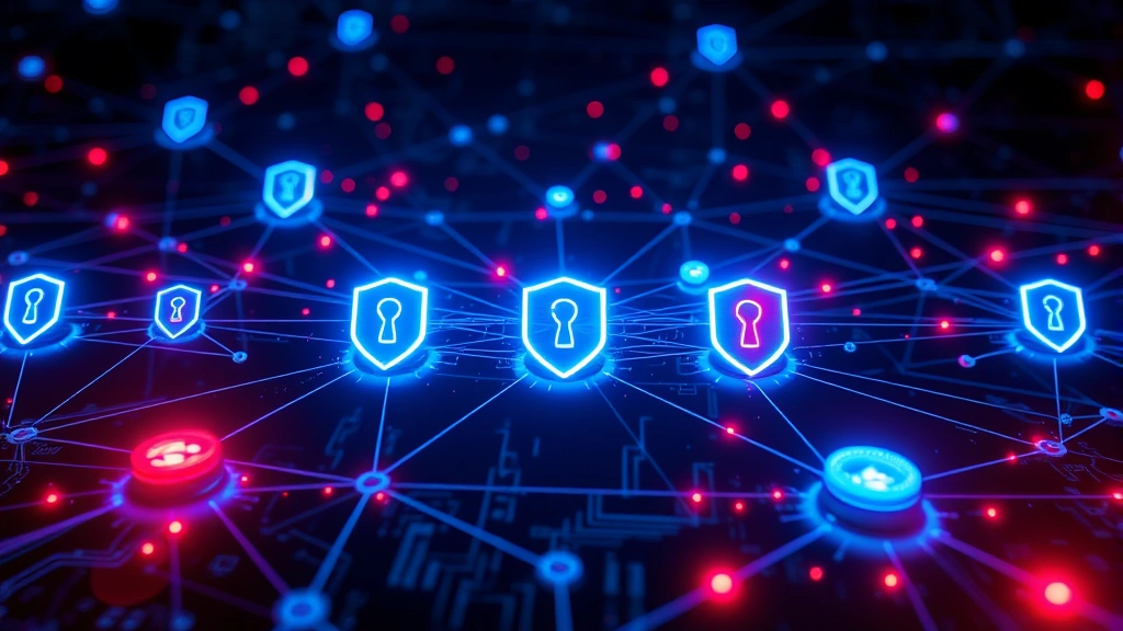 Network security visualization showing interconnected nodes with protective digital shield barriers glowing blue and red threat indicators being blocked in abstract cyberspace
