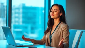 Professional woman at modern desk meditating with closed eyes, serene expression, soft blue lighting, morning sunlight through window, laptop and security badge visible, peaceful workspace environment, no text or code visible