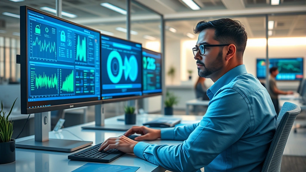 Photorealistic image of a person working at a modern desk with multiple monitors displaying cybersecurity dashboards and threat analysis graphs, blue and green security interface elements visible, focused expression showing digital protection awareness, clean corporate office environment with soft lighting