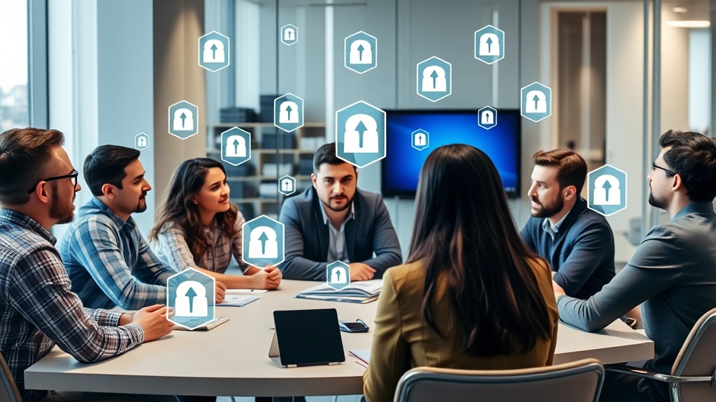 Diverse team in conference room engaged in discussion, focused expressions, digital security icons floating around them symbolically, collaborative energy, modern office setting, no screens showing text or alerts