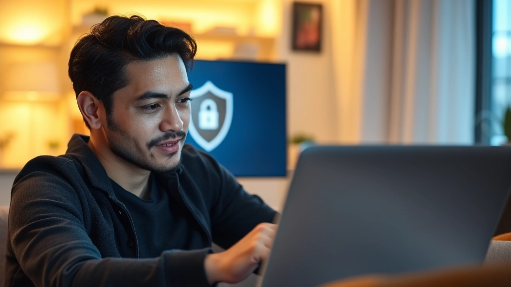 Person reviewing laptop screen with calm, confident expression, shield icon subtly visible in background, warm ambient lighting, secure and protected atmosphere, modern home office, no visible passwords or sensitive data