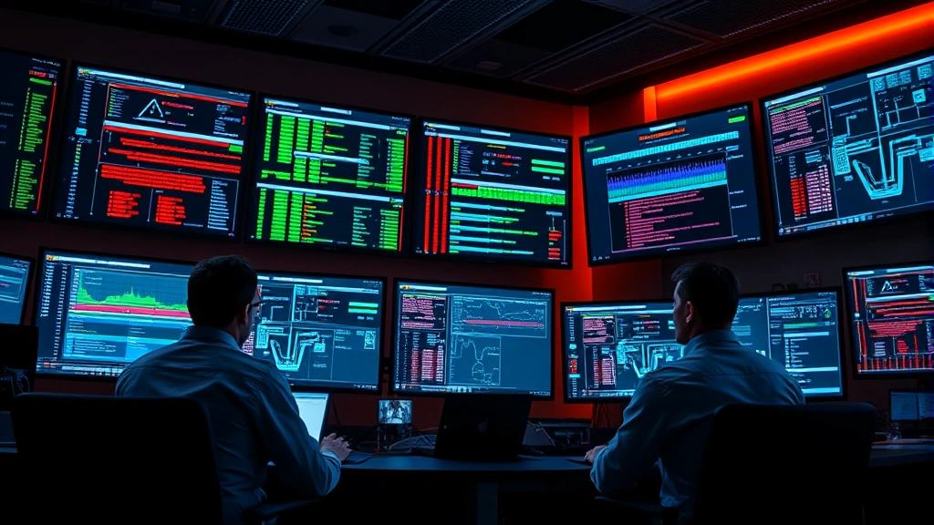Photorealistic image of a security operations center with multiple team members monitoring large wall displays showing real-time threat detection and network activity, professional cybersecurity environment with focused concentration, warm ambient lighting with blue screen glows