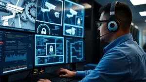 Professional cybersecurity expert monitoring network security dashboard with camera system alerts, multiple screens displaying encryption protocols and access controls, server room environment