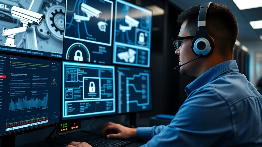 Professional cybersecurity expert monitoring network security dashboard with camera system alerts, multiple screens displaying encryption protocols and access controls, server room environment