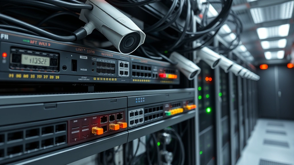 Secure network infrastructure with segmented camera systems, network switches with locked cables, firewall appliance protecting isolated camera network segment, professional data center