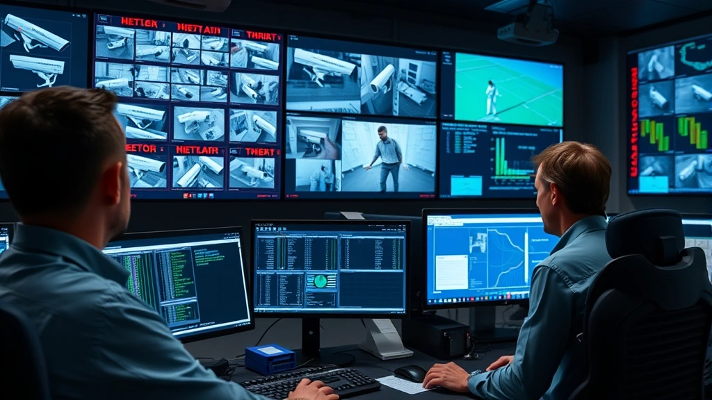 Security operations center personnel conducting real-time monitoring of camera system logs, threat detection alerts on multiple displays, incident response team reviewing security incidents